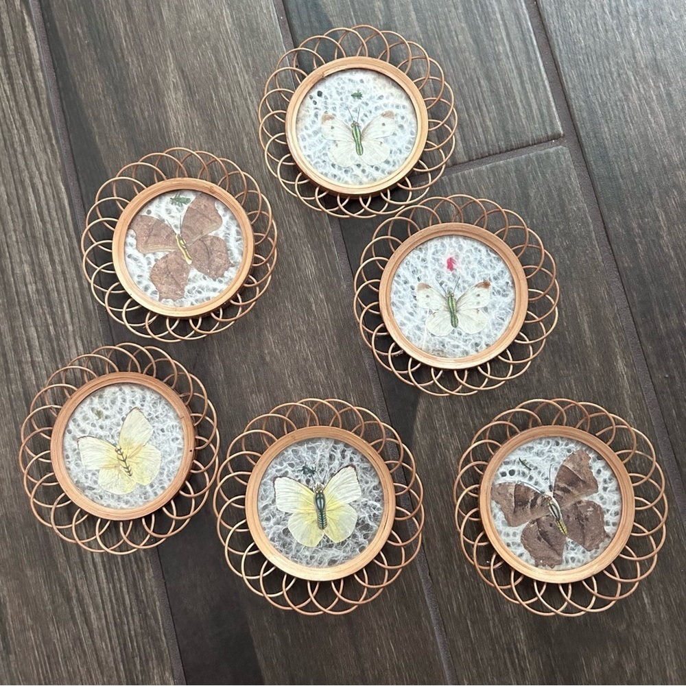 VTG Wicker Rattan Pressed Butterfly Coasters Set of 6